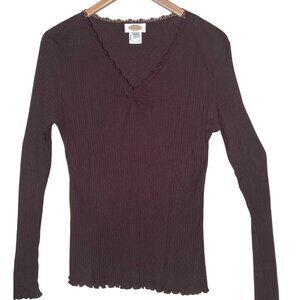 Talbots Top XL Pull Over Brown Lace Trim 60% Pima Cotton 40% Modal Ribbed Y2K